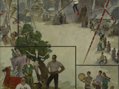 “Dоrbozchilar” nomli dastgohli rangtasvir kompozitsiyasi.